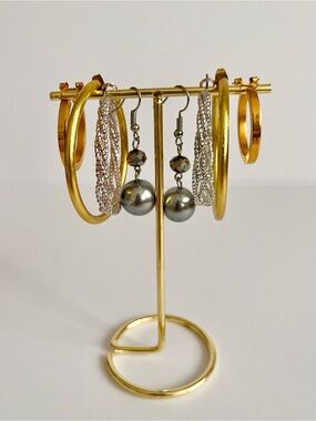 Lot of 4 Statement Earrings - Gold & Silver Hoops with Grey Pearl Dangles